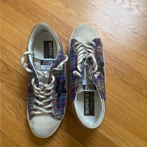 Golden Goose Blue and Red Plaid Sneakers